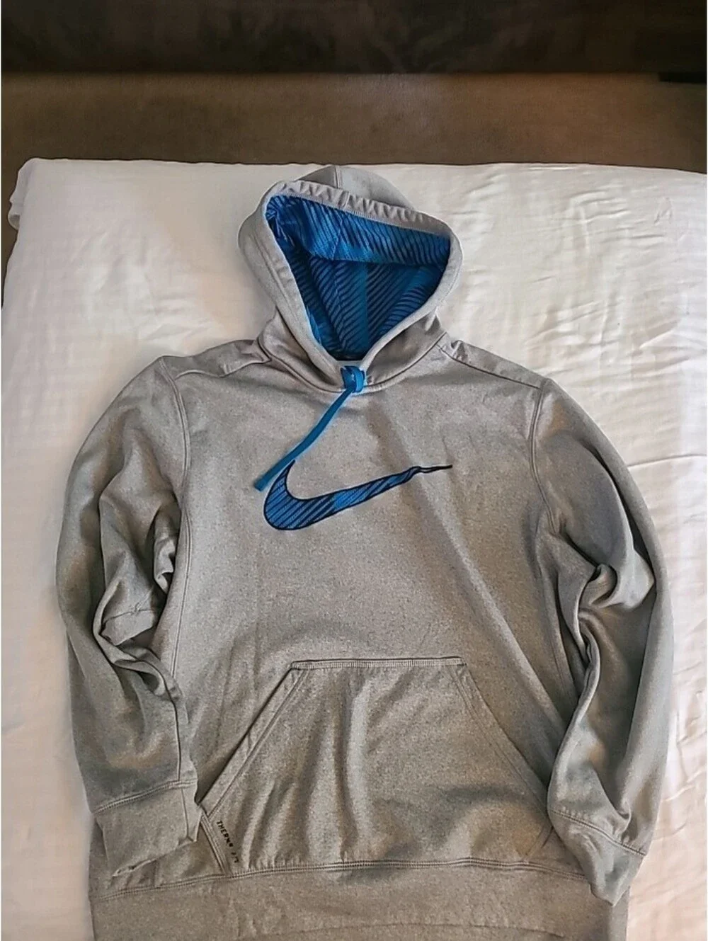 Nike Therma-Fit Men's Pullover Hoodie Grey Blue Logo Athletic Sweatshirt Size L